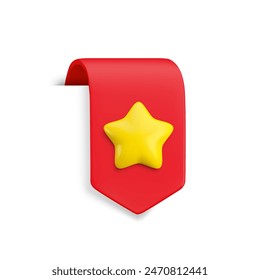 Vector Realistic 3d Red Bookmark with gold star. Favorite icon design element, ribbon e-book sticker with shadow isolated on white. Cartoon 3d vertical ribbon tag, arrow tape, add to bookmarks sign.