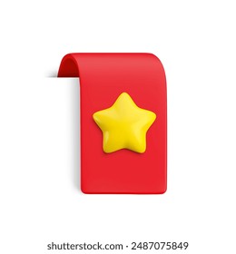 Vector Realistic 3d Red Bookmark with gold star. Favorite icon design element, ribbon e-book sticker with shadow isolated on white. Cartoon 3d vertical ribbon tag, tape, add to bookmarks sign.