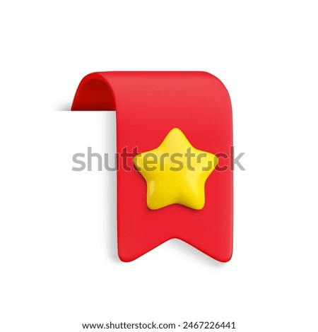 Vector Realistic 3d Red Bookmark with gold star. Favorite icon design element, cute ribbon e-book sticker with shadow isolated on white. Cartoon 3d vertical ribbon tag, tape, add to bookmarks sign