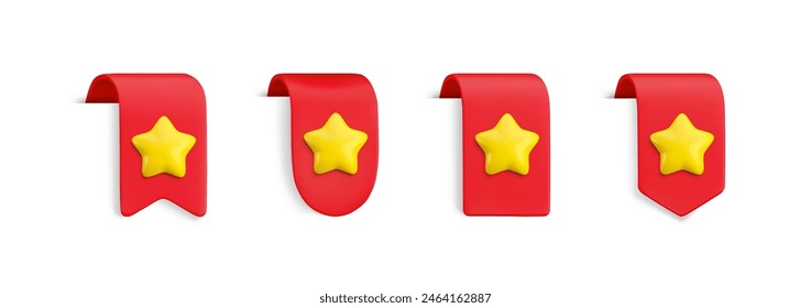 Vector Realistic 3d Red Bookmarks set with gold star. Favorite icon design element, cute ribbons e-book sticker with shadow on white. Cartoon 3d vertical ribbon tags, tape, add to bookmarks.