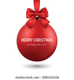 Vector Realistic 3d Red Christmas Glass Ball with Red Silk Bow Closeup Isolated. Design Template of Xmas and New Year Tree Toy Decoration, Christmas Ball for Mockup. Front View