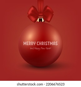 Vector Realista 3d Bolla de Vidrio de Navidad Rojo con el arcoíris de seda roja cerrado aislado en rojo. Plantilla de diseño de navidad y bolera de decoración de juguetes de Año Nuevo para la mezcla. Vista frontal