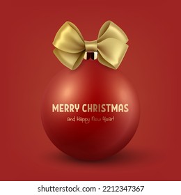 Vector Realistic 3d Red Christmas Glass Ball with Yellow Golden Silk Bow Closeup Isolated on Red. Design Template of Xmas and New Year Tree Toy Decoration Ball for Mockup. Front View