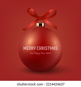 Vector Realista 3d Bolla de Vidrio de Navidad Rojo con el arcoíris de seda roja cerrado aislado en rojo. Plantilla de diseño de navidad y bolera de decoración de juguetes de Año Nuevo para la mezcla. Vista frontal