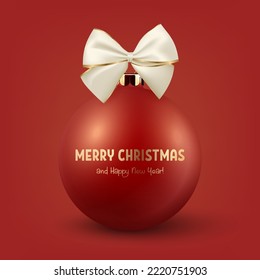 Vector Realista 3d Bolla de Vidrio de Navidad Rojo con Blanco y Oro Vaca Cerrada Aislada en Rojo. Plantilla de diseño de navidad y bolera de decoración de juguetes de Año Nuevo para la mezcla. Vista frontal