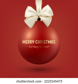 Vector Realistic 3d Red Christmas Glass Ball with White and Golden Silk Bow Closeup Isolated on Red. Design Template of Xmas and New Year Tree Toy Decoration Ball for Mockup. Front View