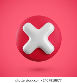 Vector realistic 3d red cross x banner. Trendy plastic wrong red check mark, delete sign on red background. No vote button. 3d render not approved symbol, error, failed sign for web, app, design.