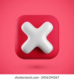 Vector realistic 3d red cross x banner. Trendy plastic wrong red check mark, delete square sign on red background. No vote button. 3d render not approved symbol, error, failed sign for app, web design