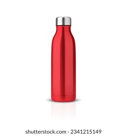 Vector Realistic 3d Red Empty Glossy Metal Reusable Water Bottle with Silver Bung Closeup Isolated. Design template of Packaging Mockup with Reflection. Front View