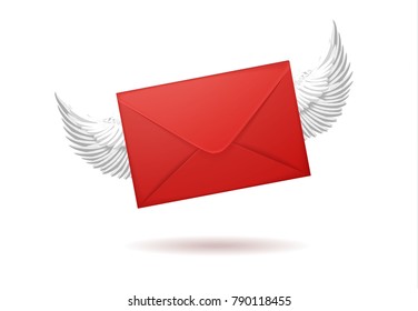 Vector realistic 3d red envelope with white angel wing empty post letter cover. Business post mail, office document, invitation message corporate identity design mockup template. Isolated illustration