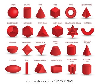 Vektorrealistische 3D-rote geometrische Formen, einzeln auf weißem Hintergrund. Mathematik geometrische Form, realistische Formen Modell. Platon solide. Geometrische Formen - Symbole für Bildung, Wirtschaft, Design.