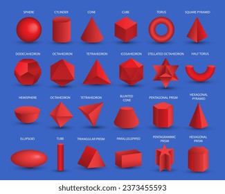 Vector realistic 3D red geometric shapes isolated on background. Maths geometrical figure form, realistic shapes model. Platon solid. Geometric shapes icons for education, business, design.