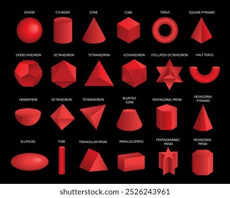 Vektorrealistische geometrische 3D-Formen in Rot, einzeln auf Hintergrund. Mathematische geometrische Figur Form, realistische Formen Modell. Platon fest. Geometrische Formen Symbole für Bildung, Business, Design.