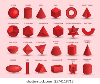 Vector realistic 3D red geometric shapes isolated on background. Maths geometrical figure form, realistic shapes model. Platon solid. Geometric shapes icons for education, business, design.