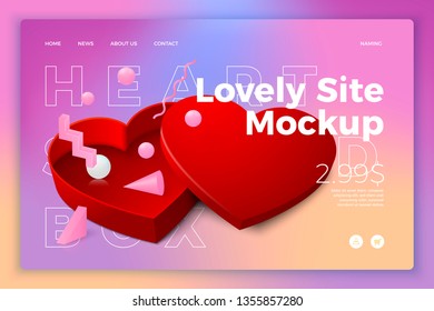 Vector realistic 3d red heart shaped box isolated on bright modern site template with typographic background. Mock-up for product package branding.