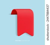 Vector Realistic 3d Red Ribbon on blue background. Vintage design element, decorative sticker with shadow. Cartoon 3d ribbon tag for sale banner, price tag, black friday advert, game, app, label.