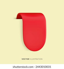 Vector Realistic 3d Red Ribbon on yellow background. Vintage design element, decorative sticker. Cartoon 3d round ribbon tag for sale banner, price tag, black friday advert, game, app, label.