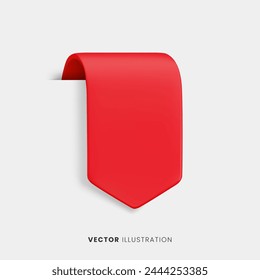 Vector Realistic 3d Red Ribbon on grey background. Vintage design element, decorative bookmark sticker with shadow. Cartoon 3d ribbon tag for sale banner, price tag, advert, game, app, label.