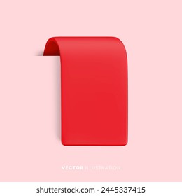 Vector Realistic 3d Red Ribbon on pink background. Vintage design element, decorative simple bookmark sticker with shadow. Cartoon 3d ribbon tag for sale banner, price tag, advert, game, app, label.