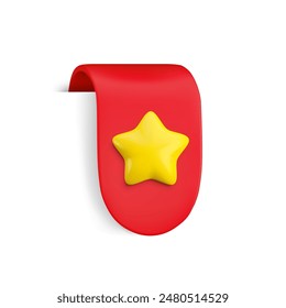 Vector Realistic 3d red Ribbon with gold star. Vintage favorite icon design element, cute ribbon e-book sticker. Cartoon 3d rounded ribbon tag for sale banner, add to bookmarks sign, game, app.