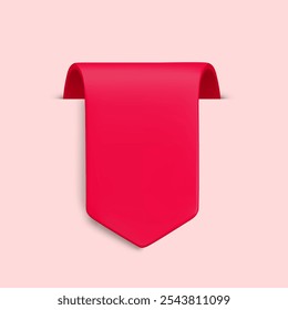 Vector Realistic 3d Red Ribbon with shadow. Vintage design element, arrow bookmark sticker with shadow on pink background. Cartoon 3d folded ribbon tag for sale banner, price tag, game, app, label.