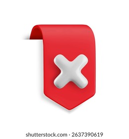 Vector Realistic 3d red ribbon with cross x sign. Vintage design element, decorative bookmark sticker with white no tick. Cartoon 3d cancel, delete button ribbon tag for web, ui, game, app