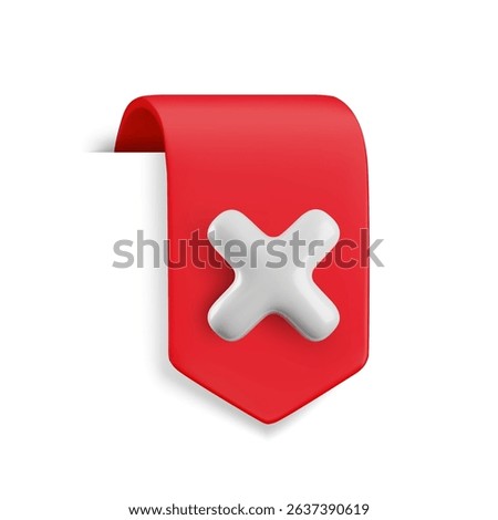 Vector Realistic 3d red ribbon with cross x sign. Vintage design element, decorative bookmark sticker with white no tick. Cartoon 3d cancel, delete button ribbon tag for web, ui, game, app