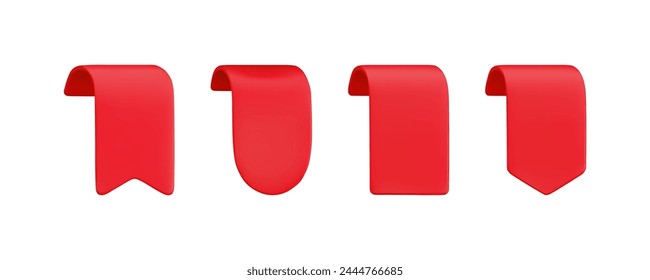 Vektorgrafik Realistisches 3D Red Ribbons Set. Klassisches Gestaltungselement, dekorativer Lesezeichen-Aufkleber auf weißem Hintergrund. Cartoon 3d vertikales Band-Tag zum Verkauf Banner, Preis-Tag, Anzeige, Spiel, App, Label