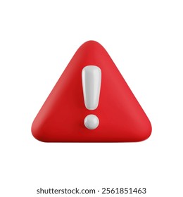 Vector Realistic 3d red triangle shape with white exclamation mark. Cartoon 3d render of warning sign, danger symbol, hazard notification isolated on white background.