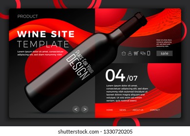 Vector realistic 3d red wine bottle on bright modern site template with typographic background. Mock-up for product package branding.