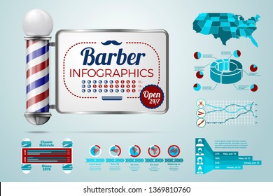 Vector realistic 3d retro barber pole with business infographics, icons and charts isolated on bright background.