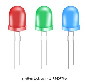 Vector realistic 3d rgb light emitting diodes. Eco red, green and blue small LED light bulbs isolated on a white background. Semiconductor diode – electrical component.