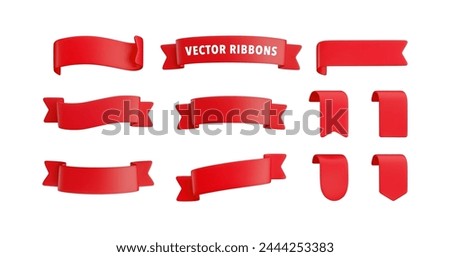 Vector Realistic 3d Ribbons set. Cartoon 3d colorful ribbons collection isolated on white background. Vintage design element, decorative sticker. Cute folded ribbon for sale banner, advert, game, app.