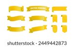 Vector Realistic 3d Ribbons and tags set. Cartoon 3d yellow ribbons collection on white background. Vintage design element, decorative sticker. Cute folded ribbon for sale banner, advert, game, app