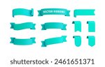 Vector Realistic 3d Ribbons and tags set. Cartoon 3d turquoise ribbons collection on white background. Vintage design element, decorative sticker. Cute folded ribbon for sale banner, advert, app, game