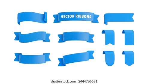 Vector Realistic 3d Ribbons and tags set. Cartoon 3d blue ribbons collection on white background. Vintage design element, decorative sticker. Cute folded ribbon for sale banner, advert, game, app