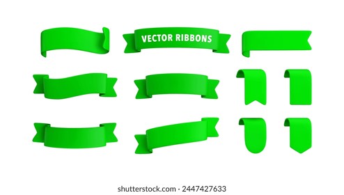 Vector Realistic 3d Ribbons and tags set. Cartoon 3d green ribbons collection on white background. Vintage design element, decorative sticker. Cute folded ribbon for sale banner, advert, game, app