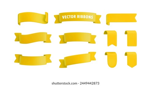 Vector Realistic 3d Ribbons and tags set. Cartoon 3d yellow ribbons collection on white background. Vintage design element, decorative sticker. Cute folded ribbon for sale banner, advert, game, app