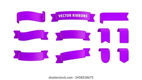 Vector Realistic 3d Ribbons and tags set. Cartoon 3d violet ribbons collection on white background. Trendy design element, decorative sticker. Cute folded ribbon for sale banner, advert, game, app.