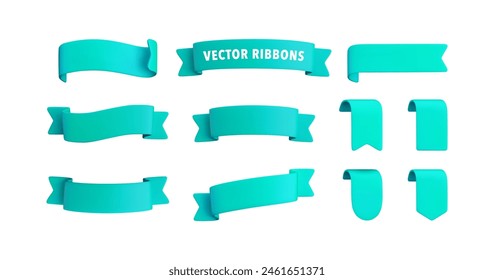 Vector Realistic 3d Ribbons and tags set. Cartoon 3d turquoise ribbons collection on white background. Vintage design element, decorative sticker. Cute folded ribbon for sale banner, advert, app, game