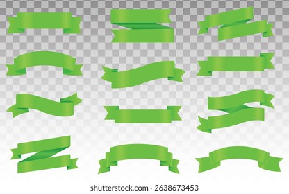 Vector Realistic 3d Ribbons and tags set. Cartoon 3d green ribbons collection on white background. Vintage design element, decorative sticker. Cute folded ribbon for sale banner, advert, game, app