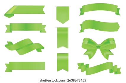 Vector Realistic 3d Ribbons and tags set. Cartoon 3d green ribbons collection on white background. Vintage design element, decorative sticker. Cute folded ribbon for sale banner, advert, game, app
