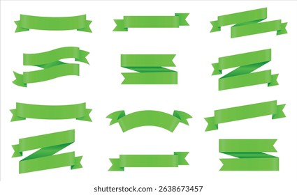 Vector Realistic 3d Ribbons and tags set. Cartoon 3d green ribbons collection on white background. Vintage design element, decorative sticker. Cute folded ribbon for sale banner, advert, game, app