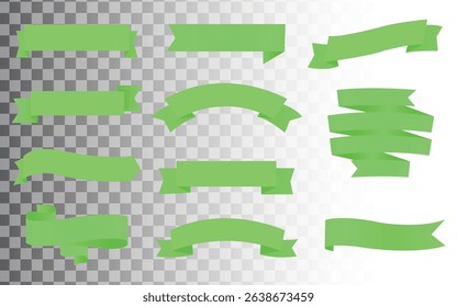 Vector Realistic 3d Ribbons and tags set. Cartoon 3d green ribbons collection on white background. Vintage design element, decorative sticker. Cute folded ribbon for sale banner, advert, game, app