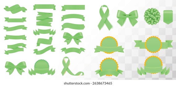 Vector Realistic 3d Ribbons and tags set. Cartoon 3d green ribbons collection on white background. Vintage design element, decorative sticker. Cute folded ribbon for sale banner, advert, game, app