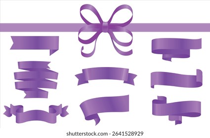 Vector Realistic 3d Ribbons and tags set. Cartoon 3d violet ribbons collection on white background. Trendy design element, decorative sticker. Cute folded ribbon for sale banner, advert, game, app.