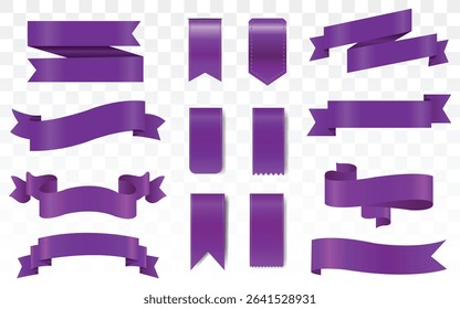 Vector Realistic 3d Ribbons and tags set. Cartoon 3d violet ribbons collection on white background. Trendy design element, decorative sticker. Cute folded ribbon for sale banner, advert, game, app.