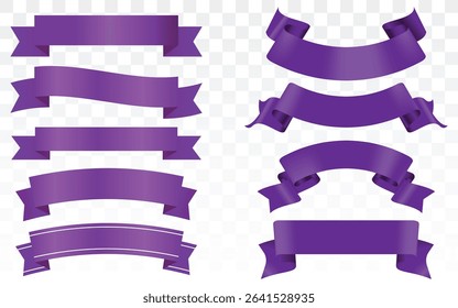 Vector Realistic 3d Ribbons and tags set. Cartoon 3d violet ribbons collection on white background. Trendy design element, decorative sticker. Cute folded ribbon for sale banner, advert, game, app.