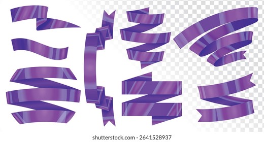 Vector Realistic 3d Ribbons and tags set. Cartoon 3d violet ribbons collection on white background. Trendy design element, decorative sticker. Cute folded ribbon for sale banner, advert, game, app.