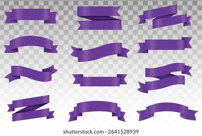 Vector Realistic 3d Ribbons and tags set. Cartoon 3d violet ribbons collection on white background. Trendy design element, decorative sticker. Cute folded ribbon for sale banner, advert, game, app.